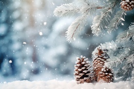 serene snowy landscape with fir branches and pinecones