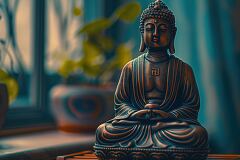 A small, intricately detailed Buddha statue sits peacefully on a wooden table. Soft light filters through a nearby window, highlighting its calming presence and intricate craftsmanship.