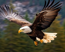 side view of bald eagle in flight blurry background
