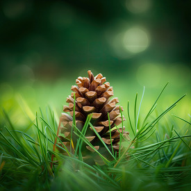 Single fir cone standing upright among soft fresh pine branches