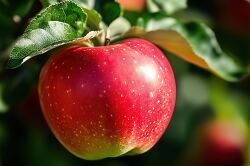 single plump organic apple hangs from a branch with a leaf