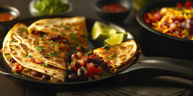 Sizzling quesadillas filled with vegetables on a cast iron skill