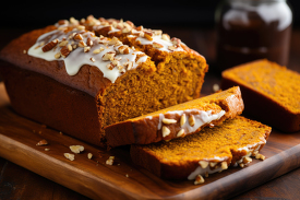 slice of nutty pumpkin bread rests beside the main loaf