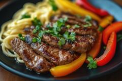 Sliced Grilled Steak With Noodles and Colorful Vegetables