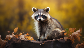 small raccoon sitting on top of a tree branch in the fall