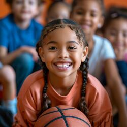smiling girl and holding a basketball