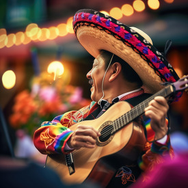 smiling Mexican man plays the guitar wearing a colorful sombrero