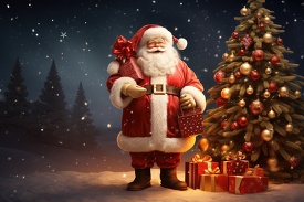 smiling santa in a snow covered landscape with a christmas tree and gifts