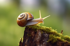 snail crawling on moss covered wood