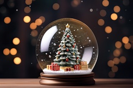 snow globe with a decorated christmas tree with falling snow