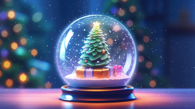 snow globe with a wintry scenes snow falling on a christmas tree