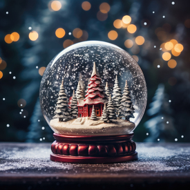 snow globe with snow covered trees featuring a festive red house