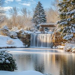 Snow on trees surrounding a peaceful waterfall