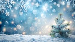 snowy background with snowflakes and a small Christmas tree