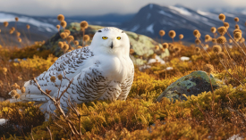 snowy owl resting in vegetation in the arctic tundra