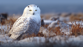 snowy owl rests in the snow and vegetation in the arctic tundra