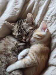 Snuggled on a blanket the kitten sleeps