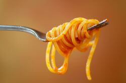 spaghetti twirled around a silver fork