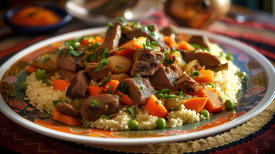 Spiced couscous with tender beef and fresh herb garnish