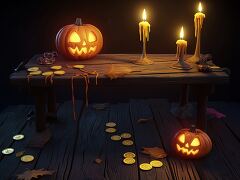 Spooky Halloween decorations featuring pumpkins, candles, and scattered chocolate coins on a rustic table