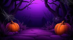 Spooky Halloween scene with pumpkins and spider webs in a dark, misty forest at night