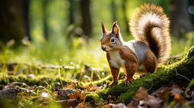 squirrel standing on a mossy tree in a meadow