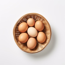 ssorted farm fresh eggs displayed in a handwoven basket