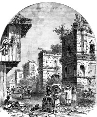 street scene and ruins in ecuador historical illustration
