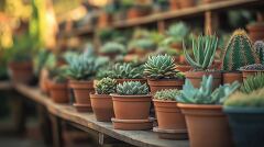 A vibrant assortment of succulent plants and cacti is displayed in terracotta pots, arranged on a wooden table. The soft, blurred background enhances the plant colors and textures.