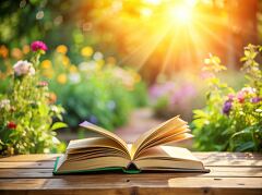 An open book rests on a wooden table, illuminated by the golden glow of the sun. Surrounding it is a flourishing garden filled with colorful flowers, inviting peace and inspiration.