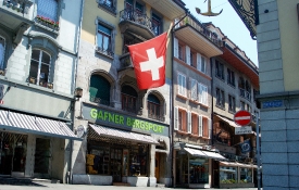Switzerland building with swiss flag