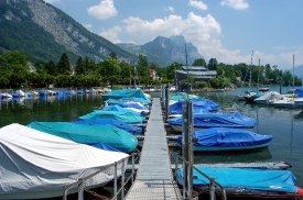 Switzerland lake full of covered boats