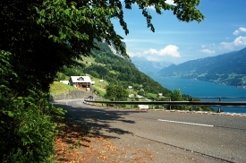 Switzerland windy road with view of lake