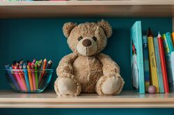 teddy bear sitting on a book filled desk