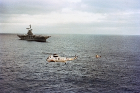 the skylab 2 command module floats in the pacific ocean