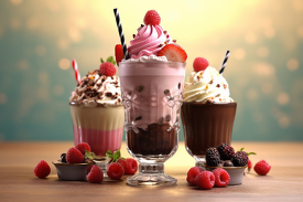 three different types of ice cream and chocolate milkshakes on a
