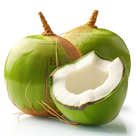 three fresh green coconuts one open to reveal white edible meat