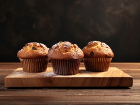 three freshly baked muffins on a wooden cutting board