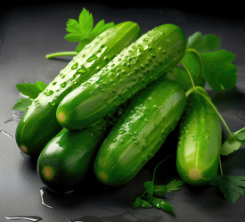 Three green cucumbers with water drops on a dark surface