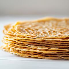 Soft and thin chapatis are neatly stacked on a table with a white background. The texture and golden brown color are clearly visible, highlighting the traditional preparation.