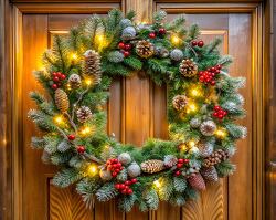 Traditional holiday wreath with lights hanging on a door