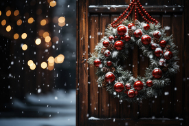 tranquil winter scene captures a wreath hanging on a woooden door