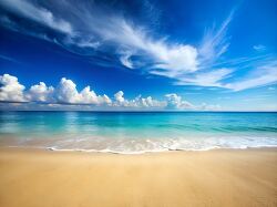 tropical beach scene with golden sand and blue sea