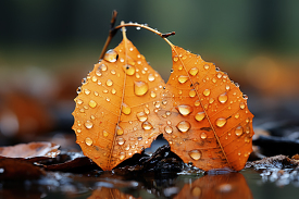 two autumn leaves with dew on blurry background