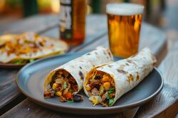 Two burritos filled with meat and vegetable