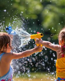 two Children playing with water guns in the backyard