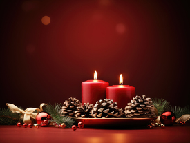 two christmas candles against a red background decorated with ri