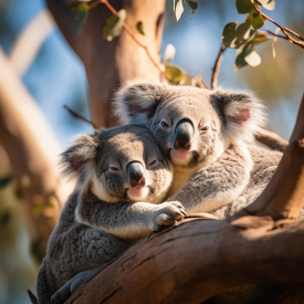 two cute koalas cuddle in a tree