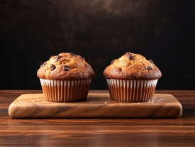 two freshly tasty looking baked muffins on a wooden cutting boar
