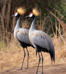 two grey crowned cranes